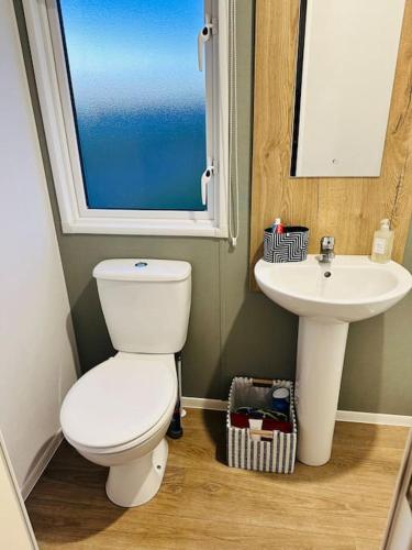 a bathroom with a toilet and a sink at Sanctuary Shores Newbiggin on Sea in Woodhorn