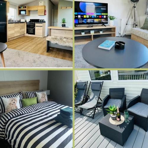 four different pictures of a living room and a kitchen at Sanctuary Shores Newbiggin on Sea in Woodhorn
