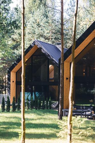 a wooden cabin with a black roof in the grass at Mazury Twin House in Wynki