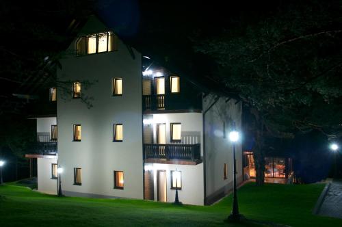 a large white building with lit windows at night at Vila Pina in Zlatibor