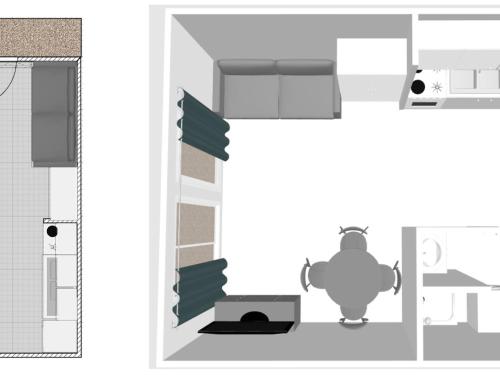 un dessin d'une pièce avec un chat assis sur une fenêtre dans l'établissement Studio 19m², Balcon, Accès pistes - Val d'Isère - FR-1-694-360, à Val dʼIsère