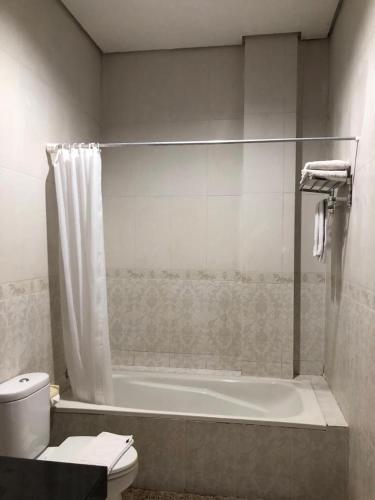ein Badezimmer mit Badewanne, Toilette und Dusche in der Unterkunft Hotel Mireya in Saroako