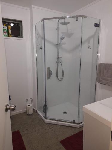 a shower with a glass door in a bathroom at TuiGlen in Dinsdale
