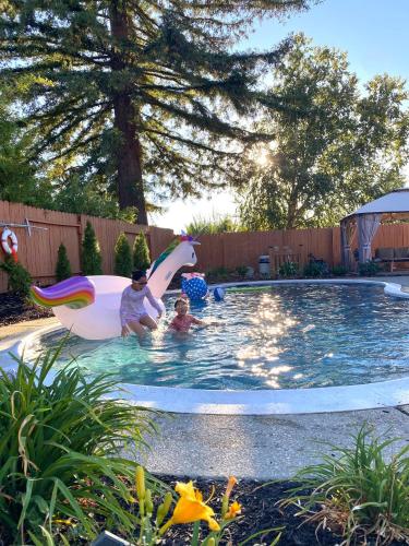 a man and a child in a pool with a inflatable shark at NEW cozy beautiful house with pool and hot tub in Fair Oaks