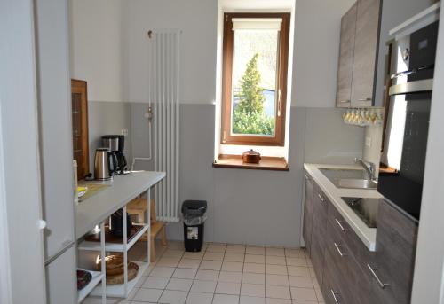 a kitchen with a sink and a window at Ferienwohnungen am Stadtpalais Fewo-Landshut in Bernkastel-Kues