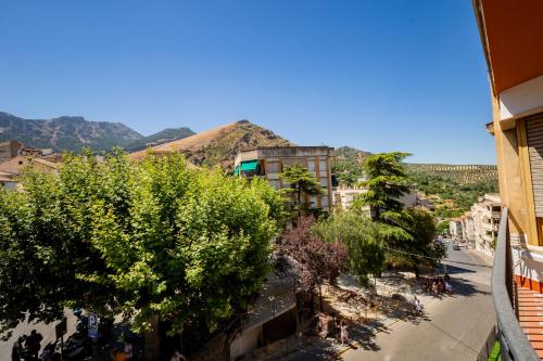 a view of a city with trees and a mountain at Balcón de la tejera in Cazorla