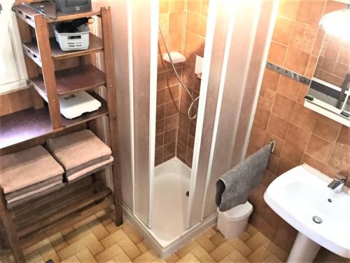 a bathroom with a shower and a sink at Maison Lac de Pareloup -LES PIEDS DANS L'EAU- in Arvieu