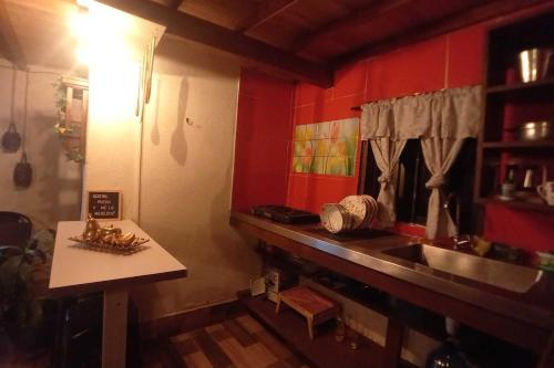 a kitchen with red walls and a sink and a table at Boresta House -Santa Elena con vista al Bosque y terraza privada in Medellín
