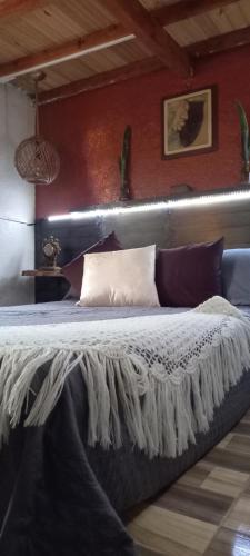 a bedroom with a bed in a room with red walls at Boresta House -Santa Elena con vista al Bosque y terraza privada in Medellín
