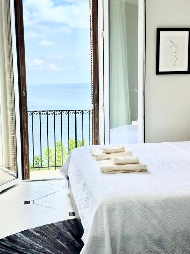 une chambre avec un lit et une grande fenêtre dans l'établissement Appartements de Luxe Bord de Mer, à Roquebrune-Cap-Martin