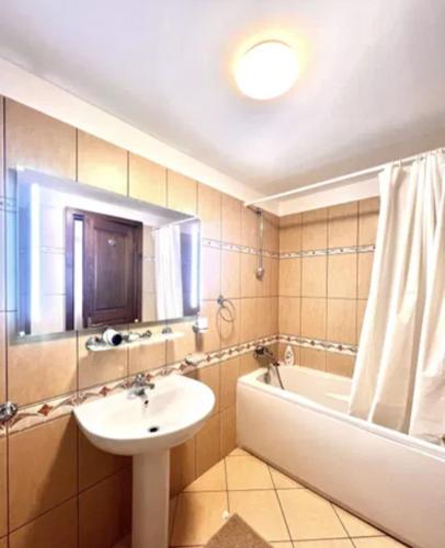 a bathroom with a sink and a bath tub and a sink at George Apartament Central cu gradina proprie in Sinaia
