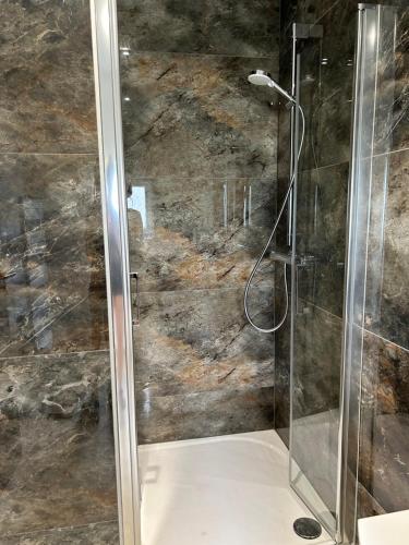 une douche avec une porte vitrée dans une salle de bain dans l'établissement Gîte neuf en duplex tout confort, à Ribeauvillé
