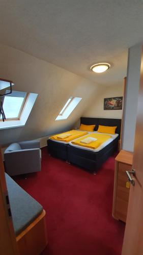 a bedroom with a bed in a room with skylights at Hotel/Restaurant Balkan in Sömmerda
