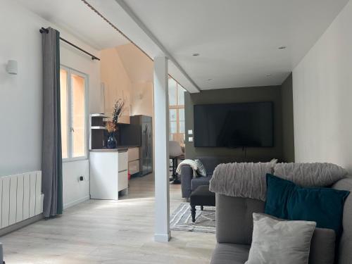 un salon avec un canapé et une télévision dans l'établissement Duplex plein Sud, à Paris
