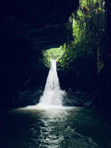 a waterfall in the middle of a body of water at Farmer homestay in Tetebatu