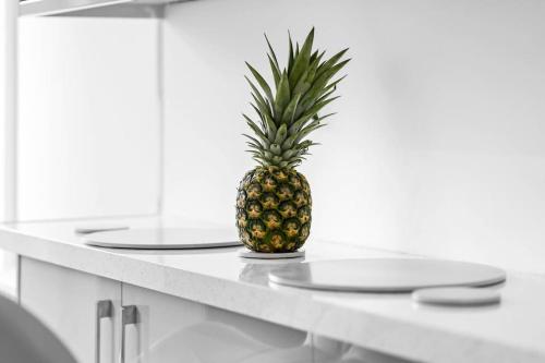 a pineapple sitting on top of a counter with plates at Witton Lodge 3 Bedroom House - Long Stay Offers in Birmingham