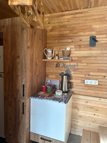 a kitchen with a counter in a wooden cabin at Kandybos Eco Farm Village in Kas