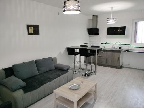 a living room with a couch and a kitchen at Appartement cosy avec patio en RDC in Perpignan