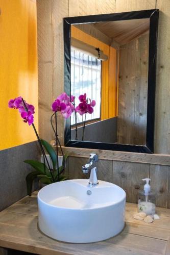 a bathroom sink with a mirror and a vase with flowers at Quinta Vida Verde in Alvaiázere