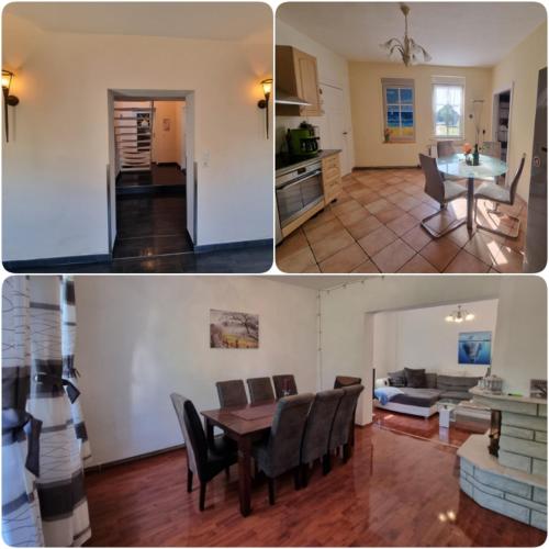 three pictures of a kitchen and a living room with a table at Landhaus Bia in Burig
