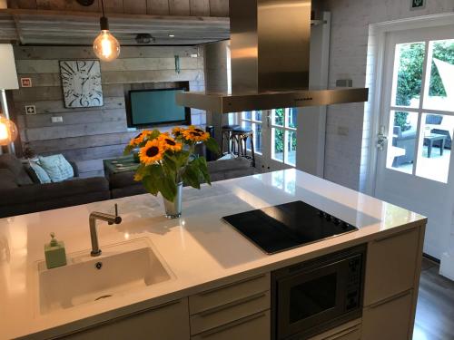 a kitchen with a sink and a vase of flowers on a counter at Villa Pats in Gilze