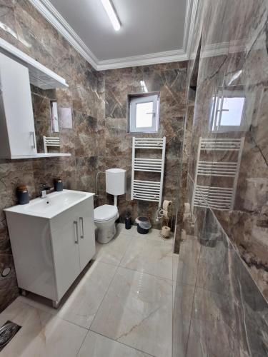 a bathroom with a sink and a toilet and a shower at Apartments Green Beograd in Borča