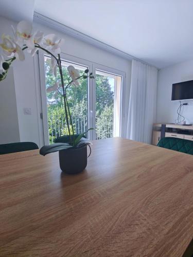 un vase avec des fleurs posé sur une table en bois dans l'établissement Appartement Paris-Disneyland-Parc Astérix 20-25 min, à Gagny
