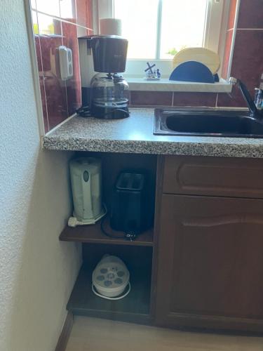 a kitchen counter with a coffee maker on a shelf at Doppelzimmer vom Friesenhof Wieratal in Nobitz