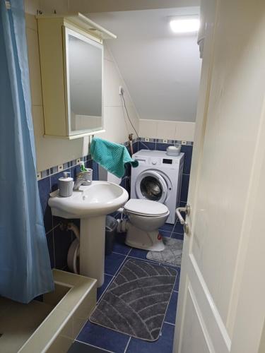 een badkamer met toilet, wastafel en wasmachine bij NIKA apartman stan na dan in Šabac