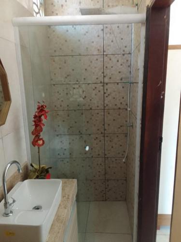 a bathroom with a shower and a sink at Flor de cacto in Cabedelo
