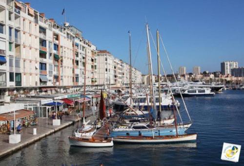 un groupe de bateaux amarrés dans un port avec des bâtiments dans l'établissement Appartement avec Jardin et proche plage, à Toulon