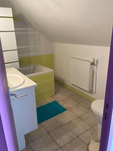 une petite salle de bain avec un lavabo et des toilettes dans l'établissement Maison de ville proche du centre historique, à Bourges