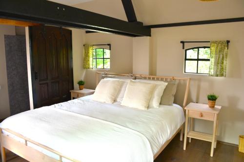 una camera con un letto bianco e due finestre di Bed & Breakfast Puur Natuur Putten, met privé sauna a Putten