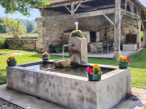 a fountain in a yard with flowers in pots at Gîte Le Vieux Chêne in Lhuis