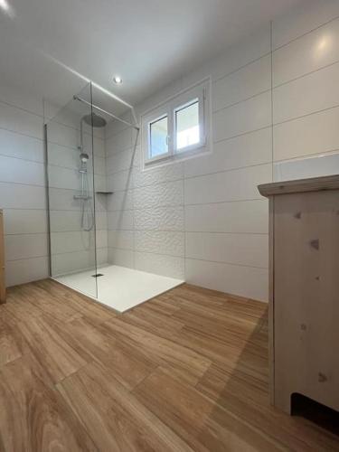 La grande salle de bains est pourvue d'une douche et d'une porte en verre. dans l'établissement Gîte Les Petits Belézins, à Saint-Amour