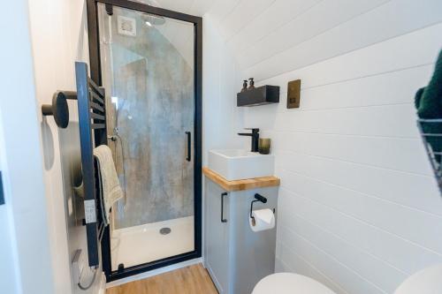 une salle de bain avec douche, lavabo et toilettes dans l'établissement NEW The Paddocks Pod Selside - Thorn, à Lake District National Park
