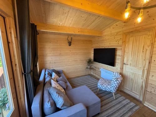 a living room with a couch and a television at Estuary View Cabin in Penclawdd