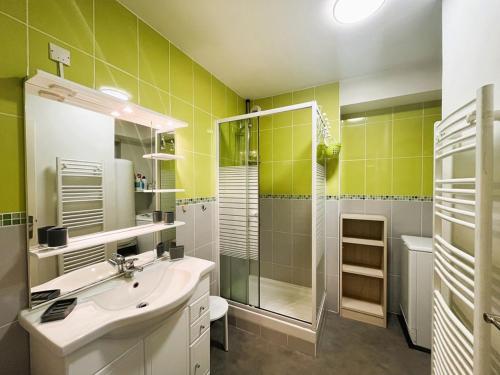 une salle de bain avec un lavabo et une douche dans l'établissement Charmant T2 BIS proche des Thermes, balcon, 6 pers, Mont-Dore - FR-1-608-12, à Le Mont-Dore