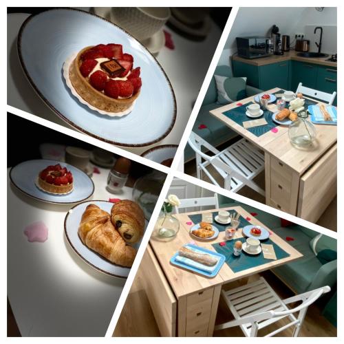 un collage de quatre photos de nourriture et d’une pâtisserie dans l'établissement Le Cocon des Remparts-Romantique à Pierrefonds, à Pierrefonds