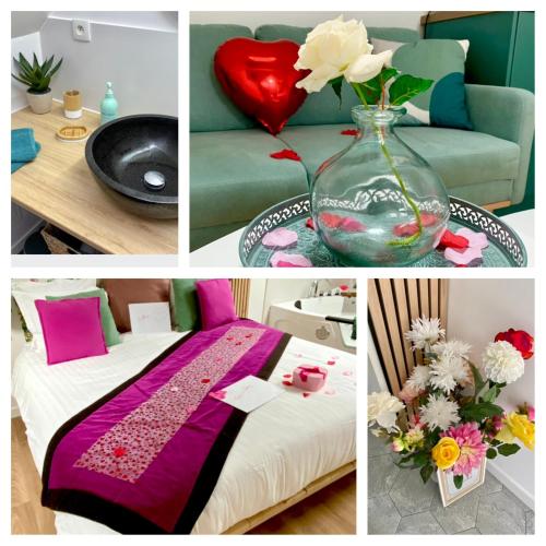 un collage d'images avec un vase avec des fleurs. dans l'établissement Le Cocon des Remparts-Romantique à Pierrefonds, à Pierrefonds