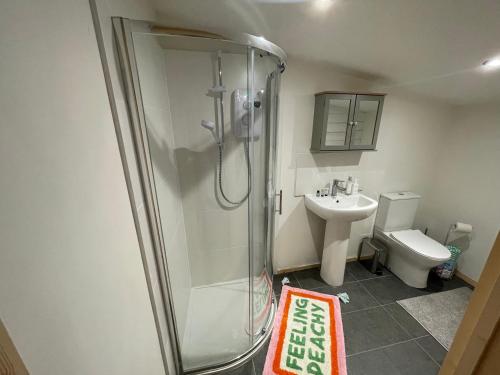 a bathroom with a shower and a toilet and a sink at The Old Nursery in Stamford