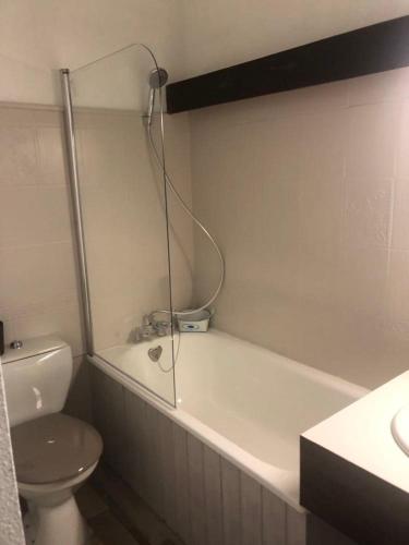 une salle de bain avec une baignoire, des toilettes et un lavabo dans l'établissement Studio La Plagne, à Aime La Plagne