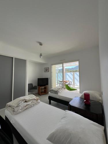une chambre avec un lit et une vue sur l'océan dans l'établissement T3 Pibede face à la plage, à Calvi