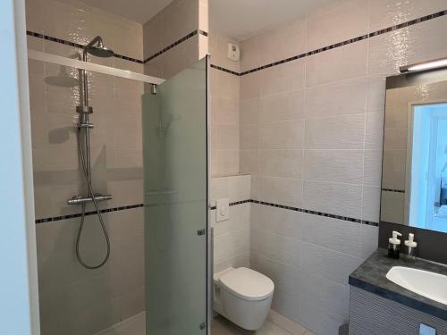 une salle de bain avec une douche, des toilettes et un lavabo dans l'établissement T3 Pibede face à la plage, à Calvi