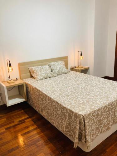 une chambre avec un lit avec deux lampes sur deux tables dans l'établissement Apartamento El Olmo - casco histórico de Zaragoza, à Saragosse