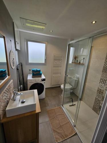 une salle de bain avec une douche, un lavabo et des toilettes dans l'établissement Charmante maison proche Etretat Chez Fleurette, au Tilleul