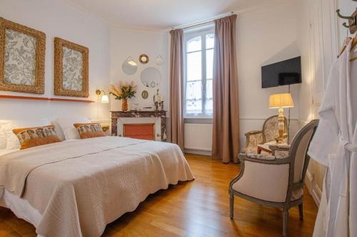 a bedroom with a bed and a chair and a television at La Maison D'Othe in Estissac