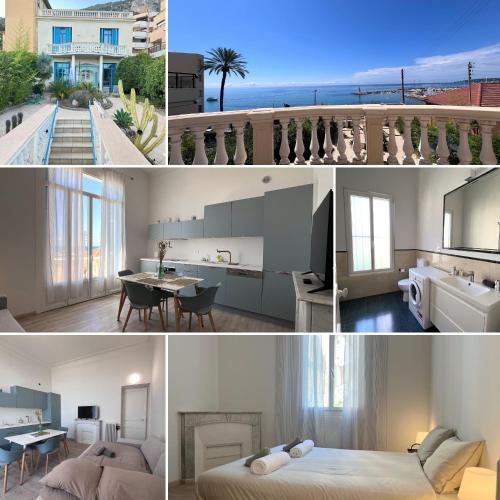 un collage de photos d'une chambre et d'un salon dans l'établissement 10' Monaco - 10' Italia - Incantevole vista mare, à Menton