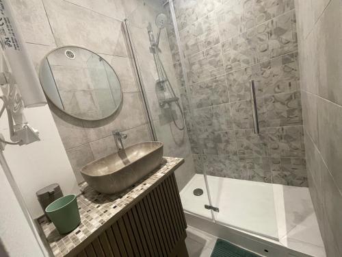 a bathroom with a sink and a shower at Appartement Le Bleu Vert Béthunois in Béthune