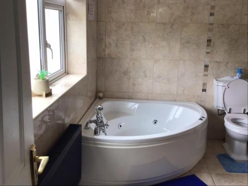 a white bath tub in a bathroom with a toilet at Blakehill House in Cong